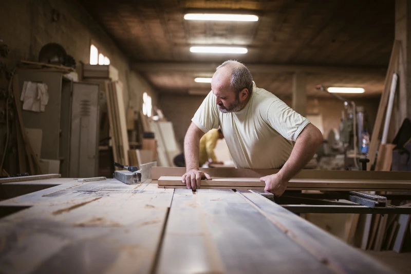 A focused craftsman inspecting a piece of wood in a dusty workshop filled with woodworking tools and timber.