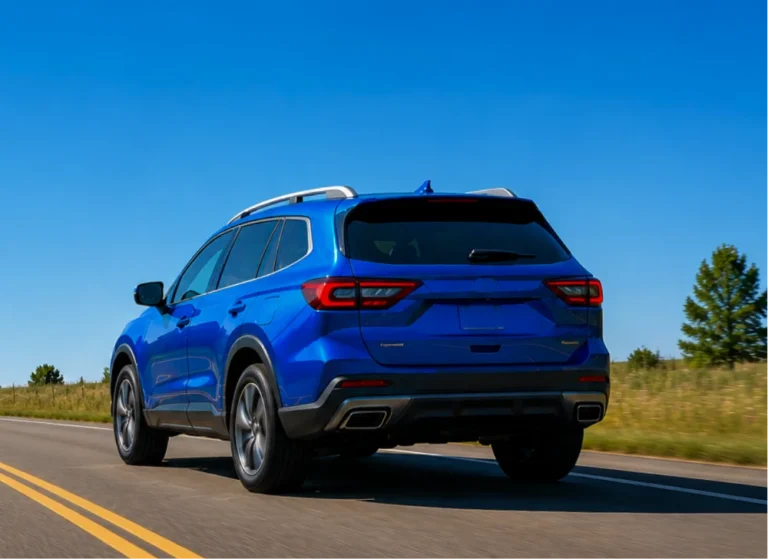 Blue SUV driving on a sunny rural highway, rear three-quarter view.