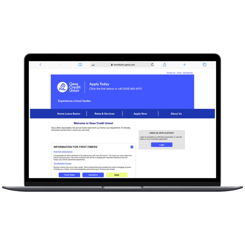 Laptop screen displaying Gesa Credit Union home loan webpage with options for first-time buyers, rates, and preapproval.