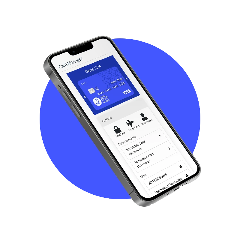 Mobile phone displaying a banking app with debit card details and card management options such as lock card, travel alerts, and transaction limits.