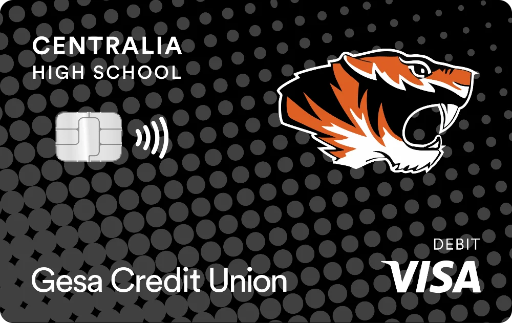 Tarjeta de débito Visa del Instituto Centralia con el logotipo del tigre, chip sin contacto y la marca de Gesa Credit Union sobre un fondo negro punteado